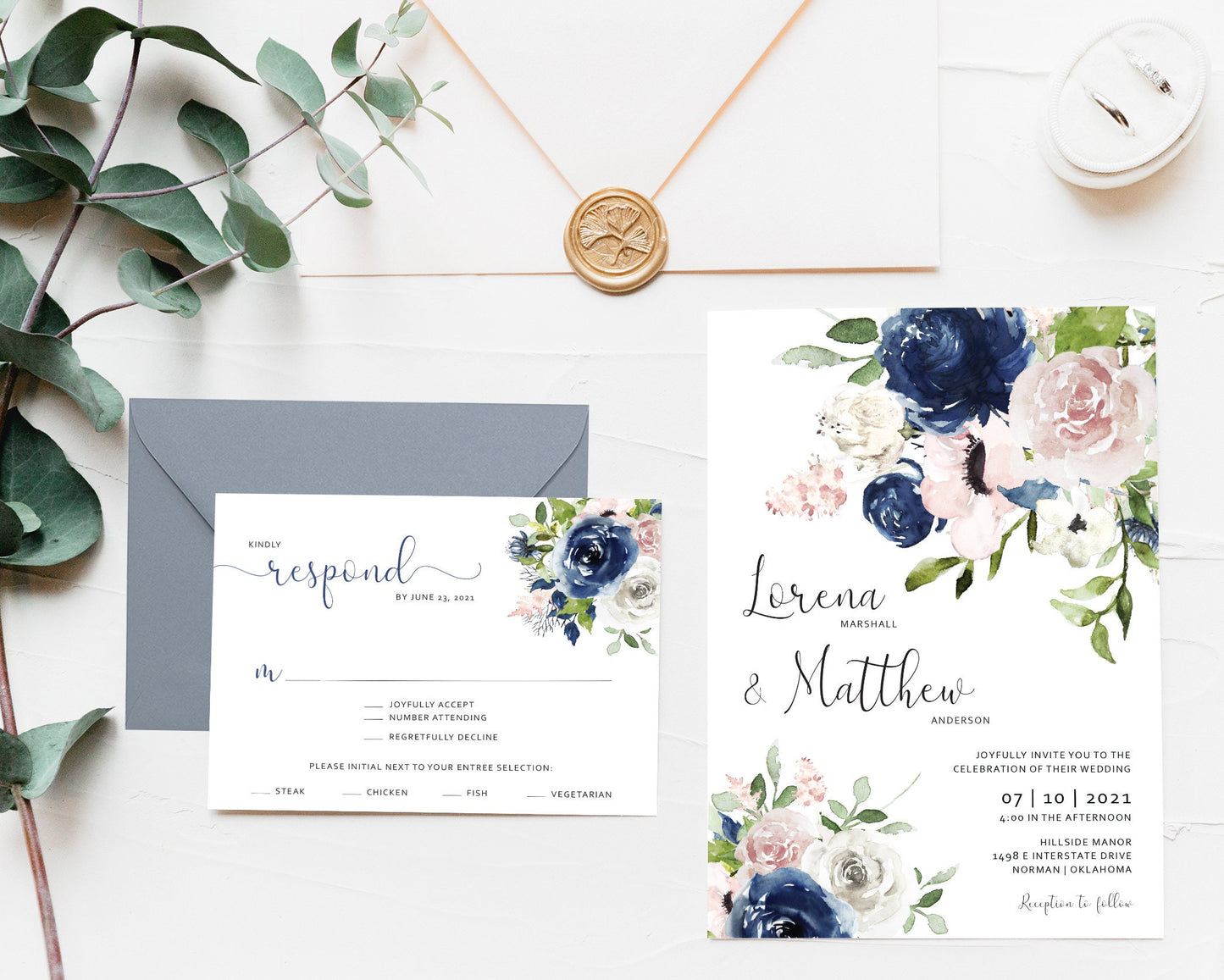 Navy and Blush Wedding Invitations - Set of 25 - The Perfect Day Designs