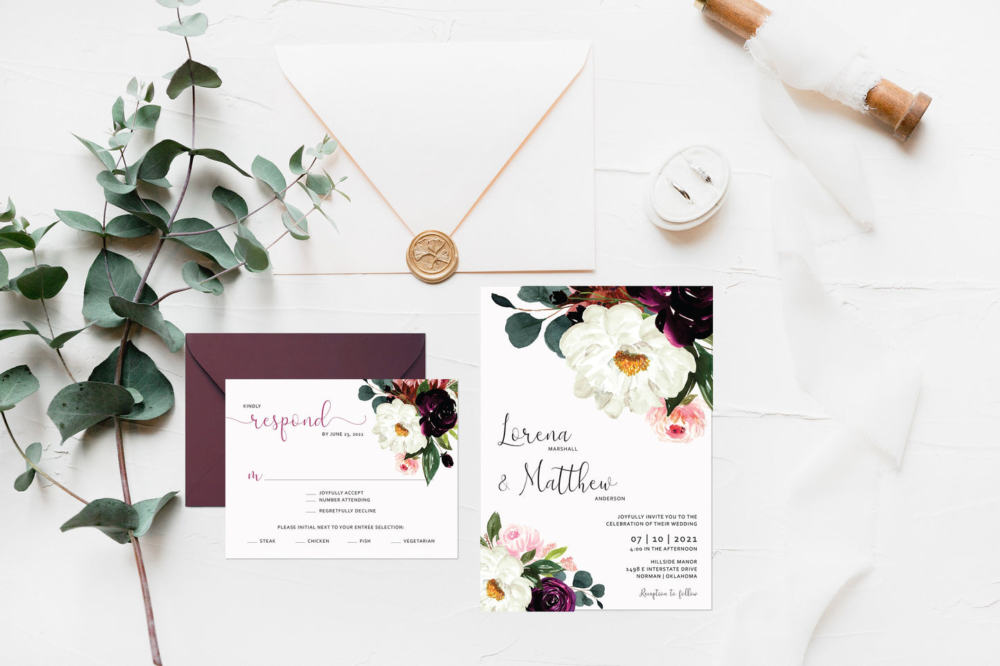 Floral Wedding Invitations Suite - Set of 25