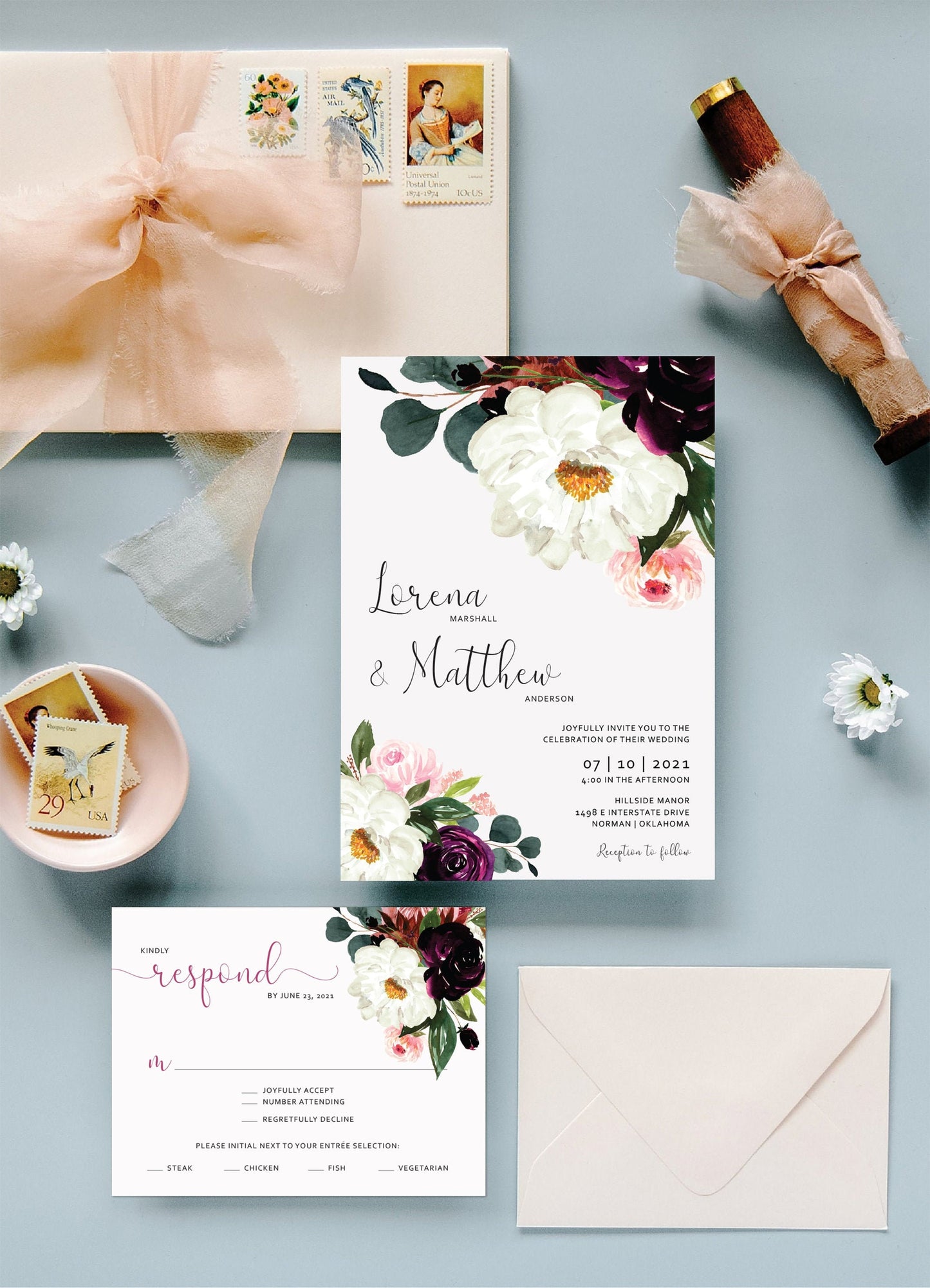 Floral Wedding Invitations Suite - Set of 25
