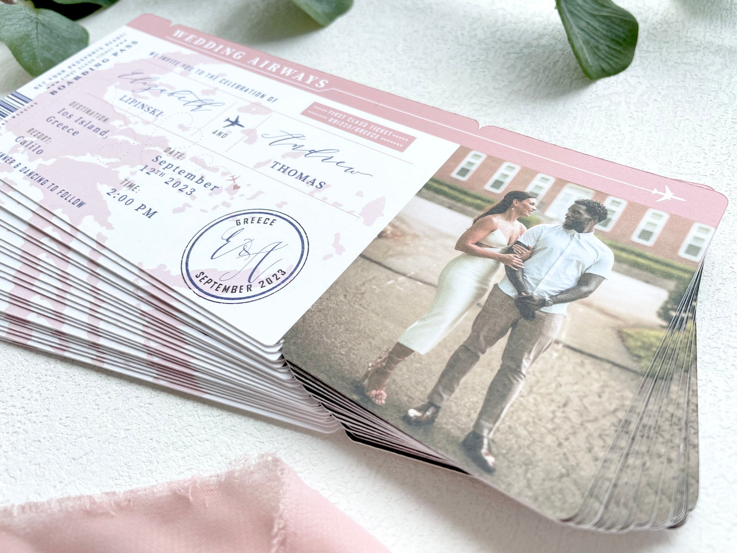 Blush Boarding Pass Greece Destination Wedding Invitation - Set of 10