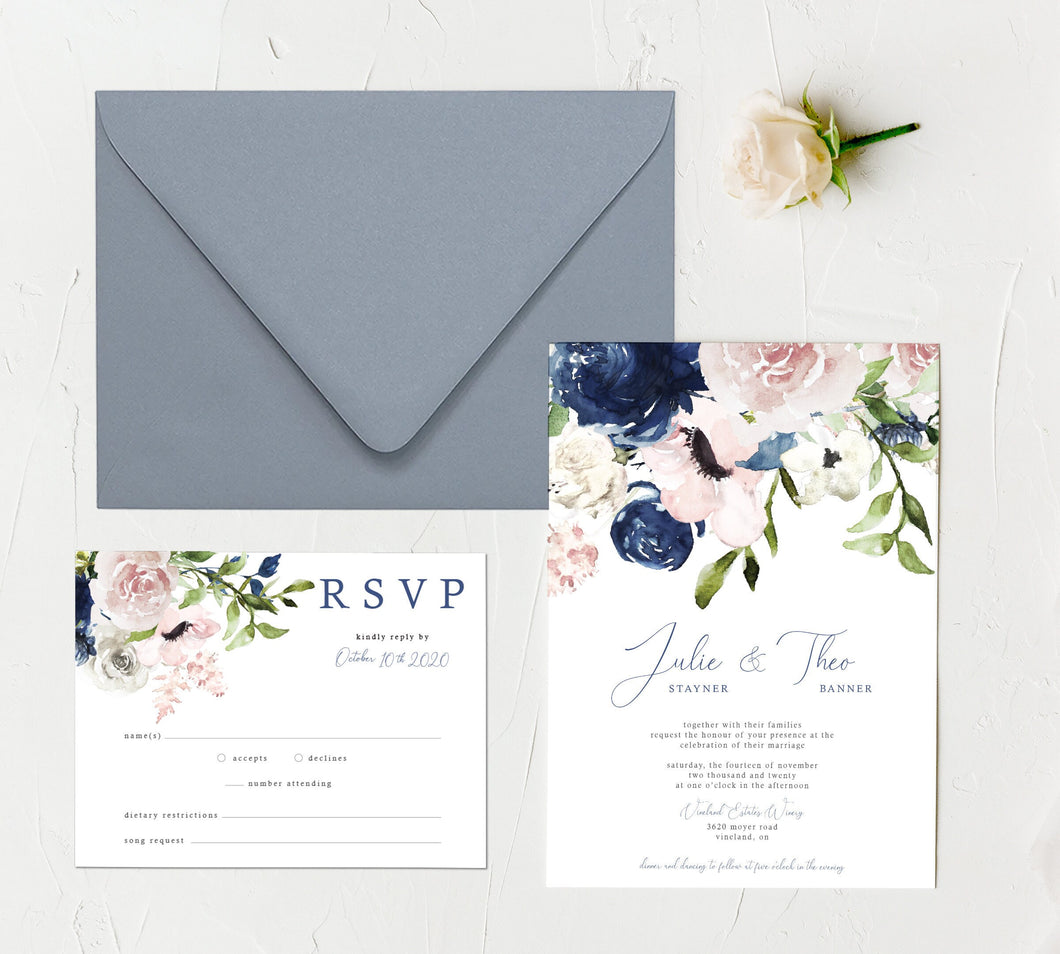 Navy Blue and Blush Wedding Invitation - Set of 25