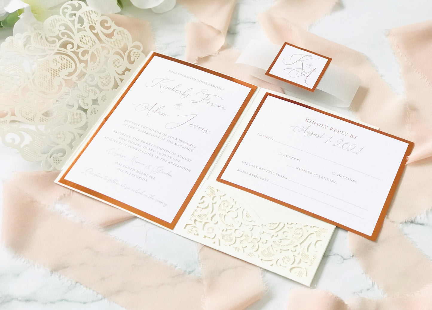 Laser Cut Wedding Invitation with Pocket - Set of 25