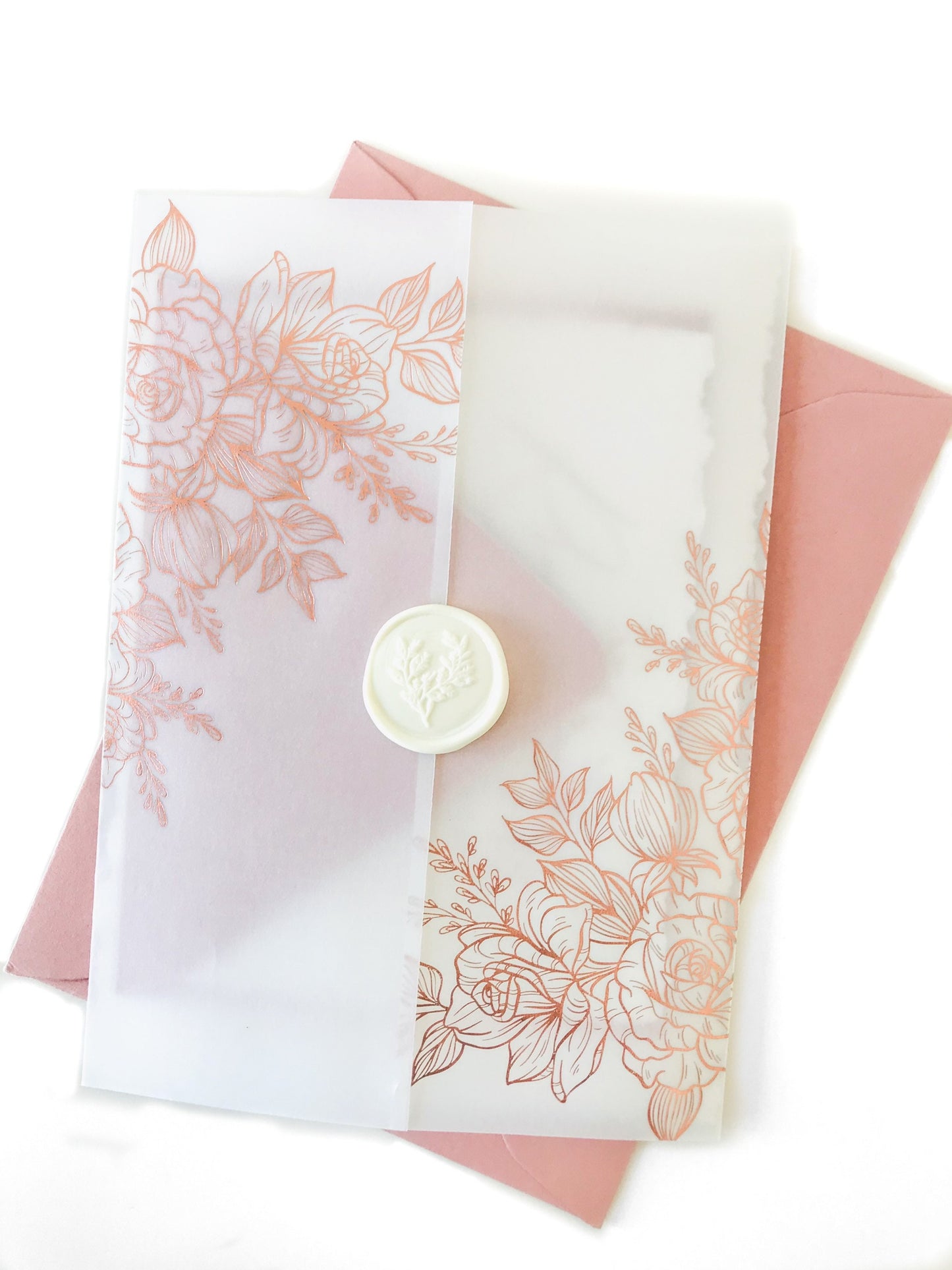 Rose Gold and Blush Wedding Invitations with Vellum Wrap - Set of 25