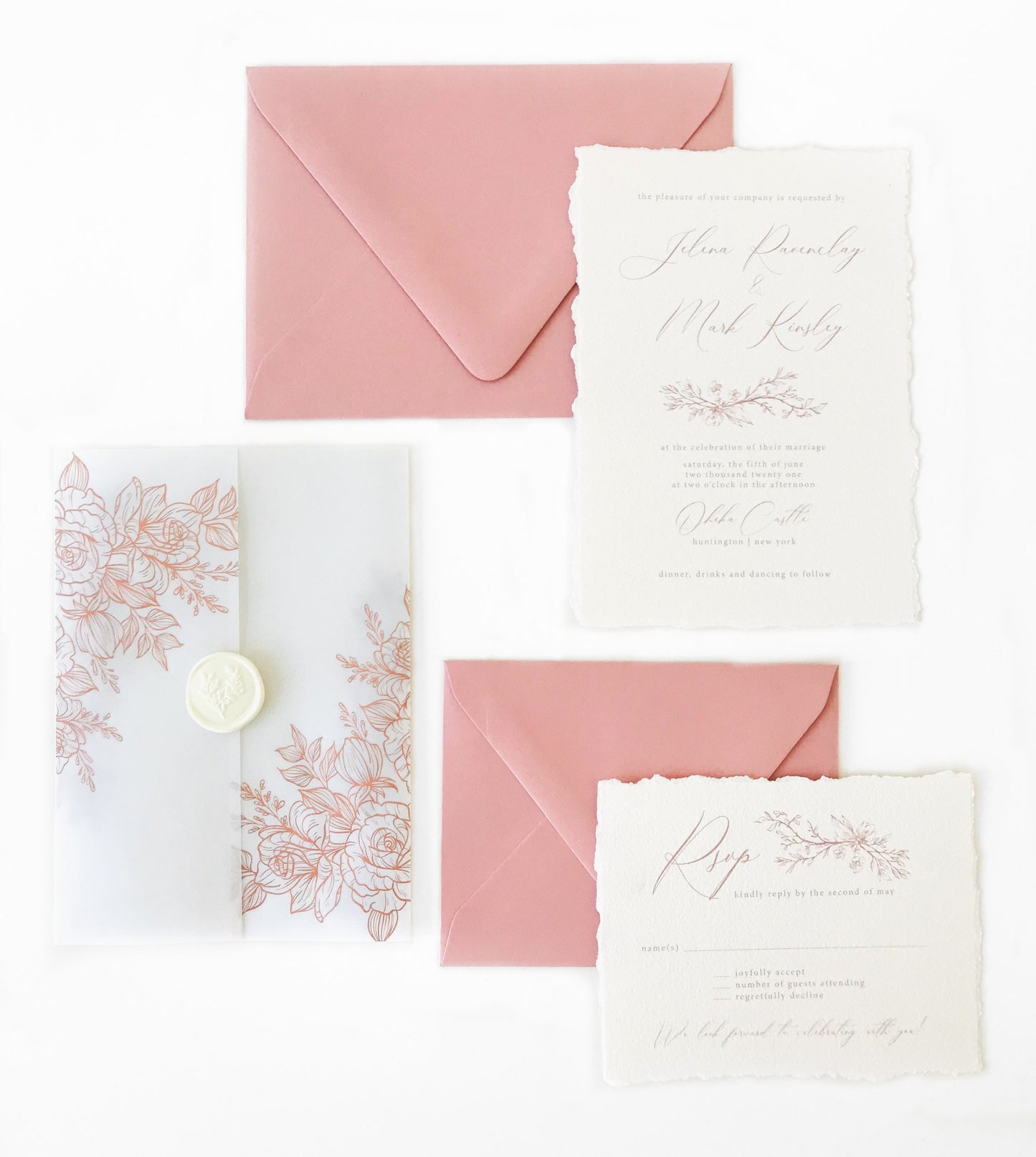 Rose Gold and Blush Wedding Invitations with Vellum Wrap - Set of 25