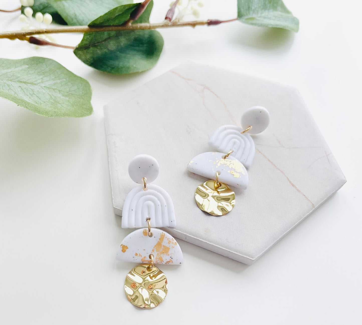 White and Gold Polymer Clay Earrings