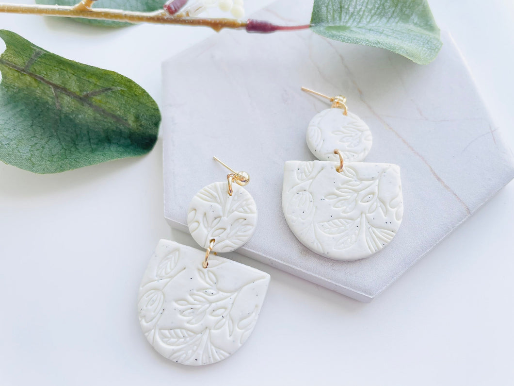White Floral Polymer Clay Earrings