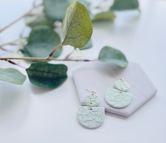 Sage Green Polymer Clay Earrings with Floral Designs