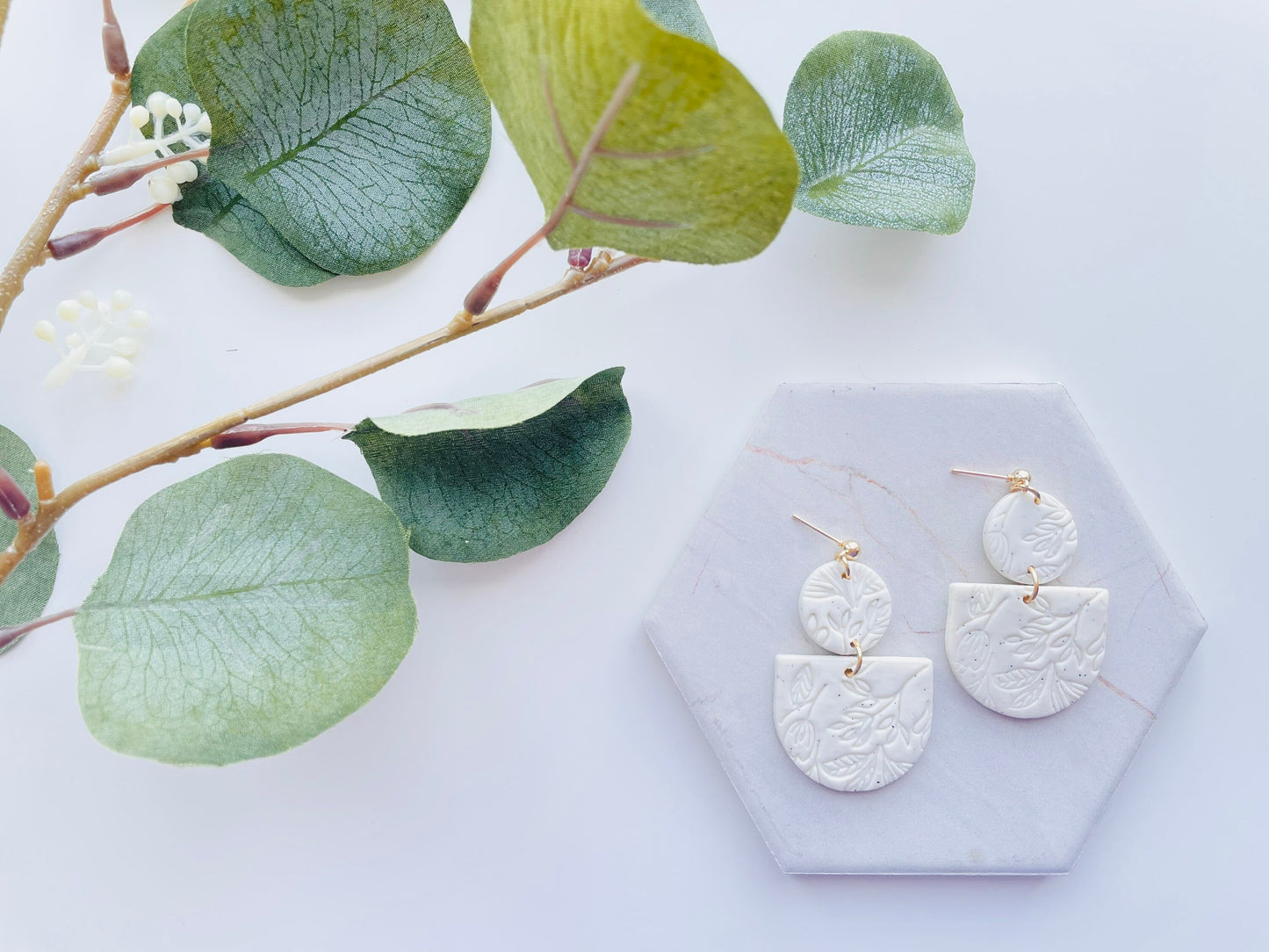 White Floral Polymer Clay Earrings