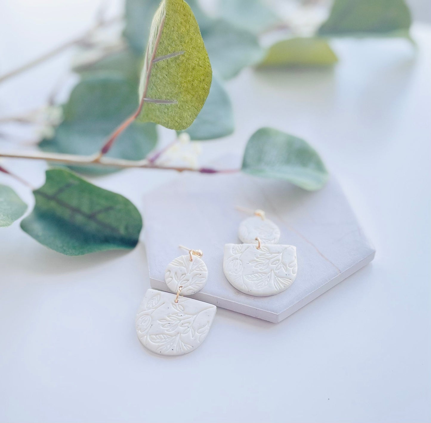 White Floral Polymer Clay Earrings