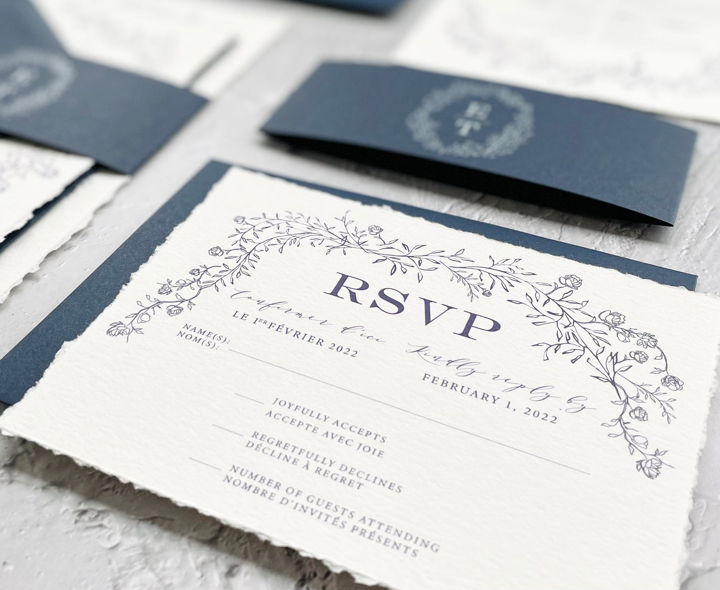 Navy Wedding Invitations on Hand-Deckled Paper - Set of 25