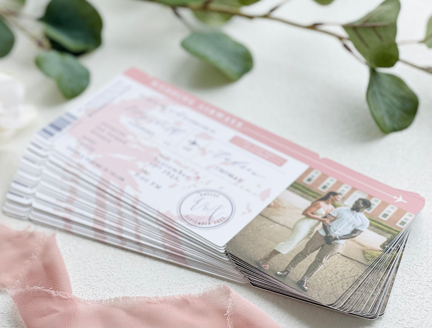 Blush Boarding Pass Greece Destination Wedding Invitation - Set of 10