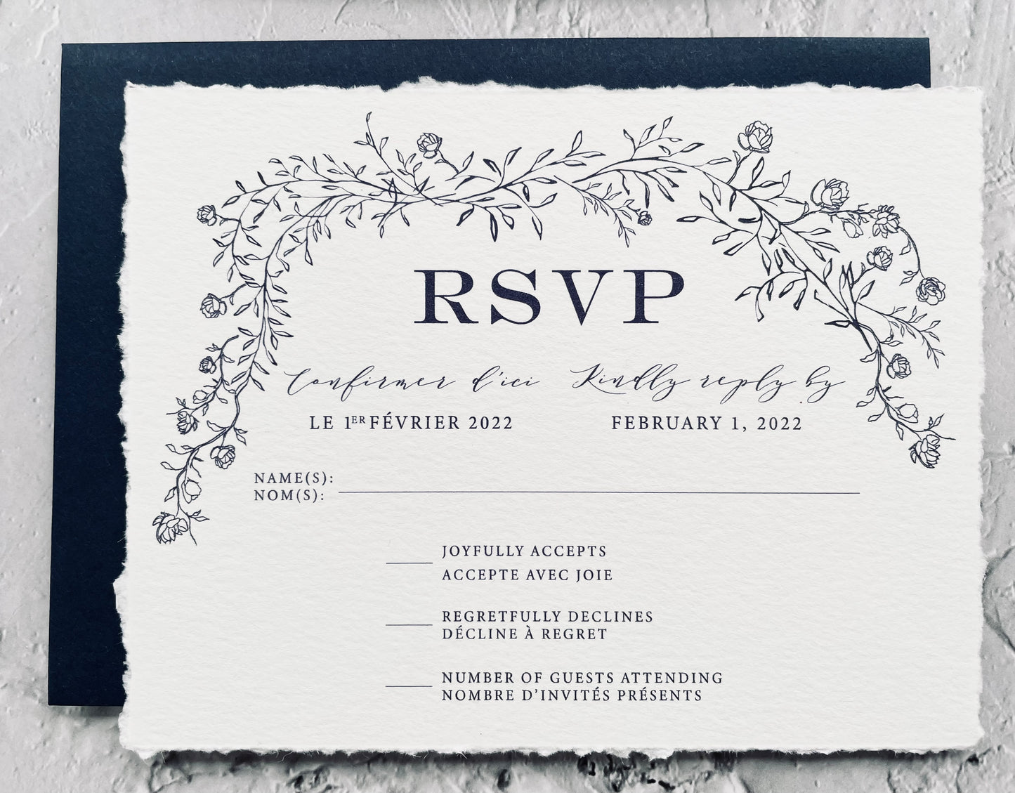 Navy Wedding Invitations on Hand-Deckled Paper - Set of 25