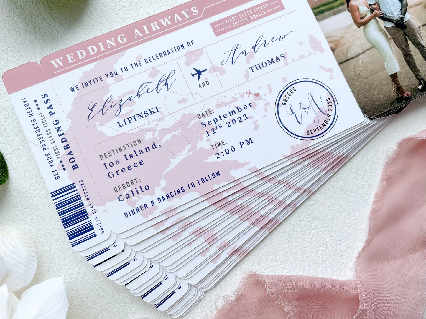 Blush Boarding Pass Greece Destination Wedding Invitation - Set of 10