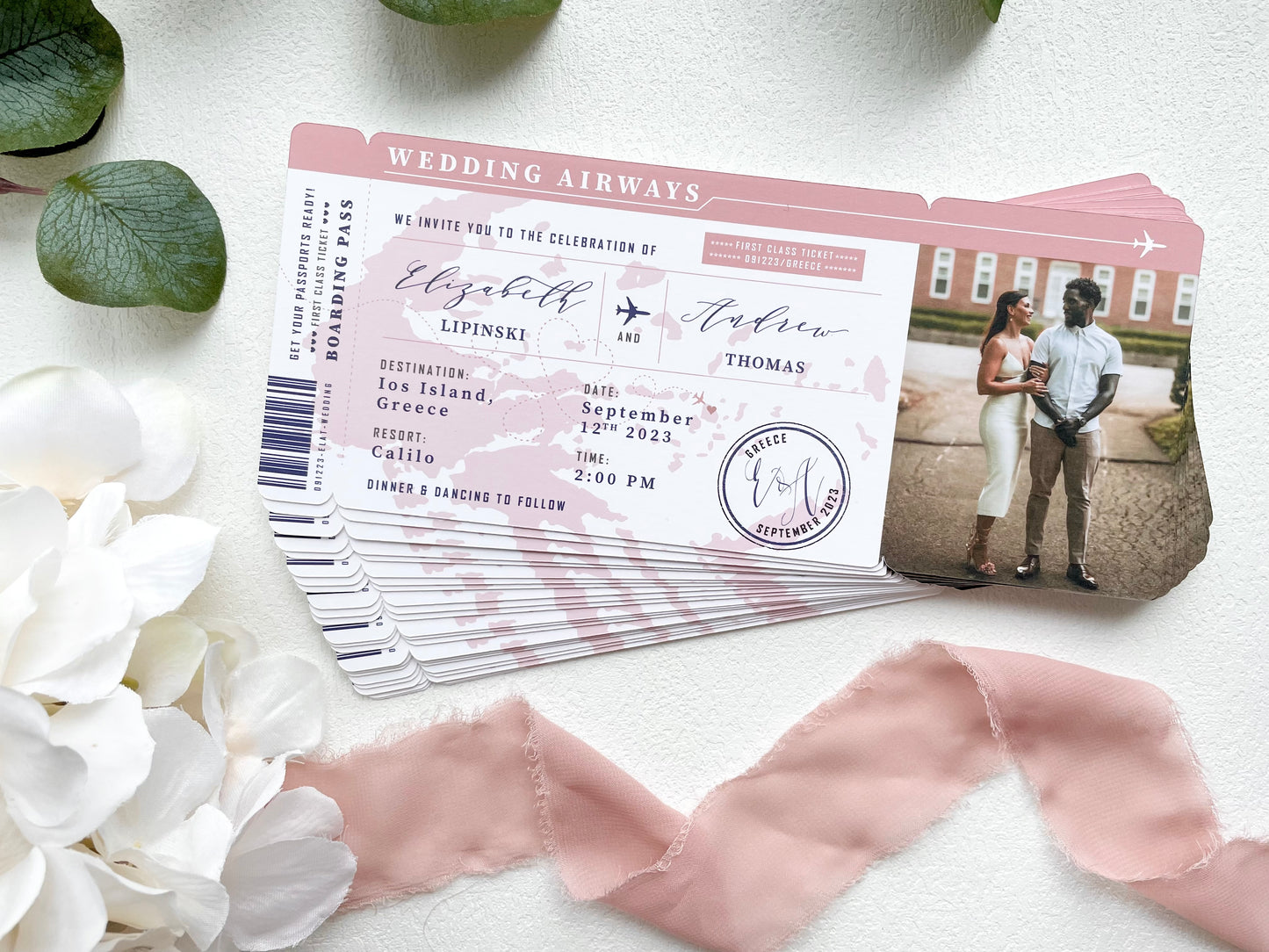 Blush Boarding Pass Greece Destination Wedding Invitation - Set of 10