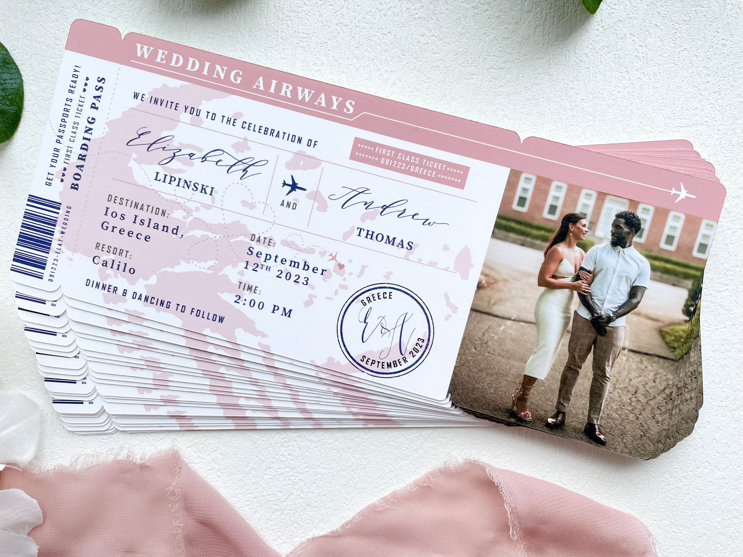 Blush Boarding Pass Greece Destination Wedding Invitation - Set of 10